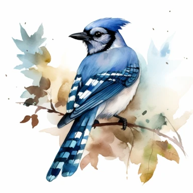 a single watercolor blue jay sitting on a leafy branch clipart, hd, white background, spaced out
