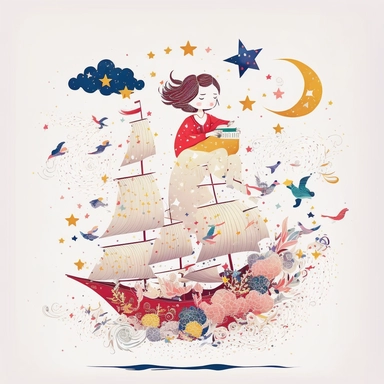 in the style of Ryo Takemasa, xuan loc xuan, Lisa Audit, Anastasia Suvorova, Jon Klassen, greg tocchini, separated isolated single of Complex Epic Giant floating clipper sailing ship on the sea of stars, white background, fantasy, magical, cute, white background, cozy, vector, clipart, elaborate, ultra-detailed, best quality, well composed, vibrant color tone, trending on artstation, elaborate, cinematic lighting, vibrant colors, high definition