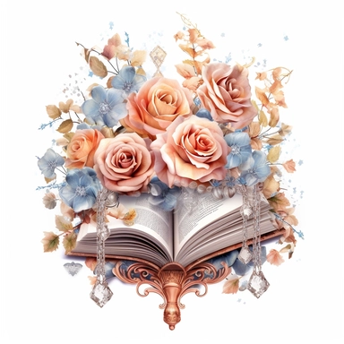 Watercolour rose gold and pastel detailed 3d Handheld Floral Book reading lover, surrounded by beautiful roses and Swarovski crystals and diamonds, svg clipart style, solid white background, clipart element, clipart style highly detailed beautiful