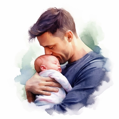 Clipart, Father's Day, Watercolor, Father, Baby in Arms, Happiness, Love, Kindness, Life, Clipart, Photorealistic, High Resolution Image, 3D, 8K