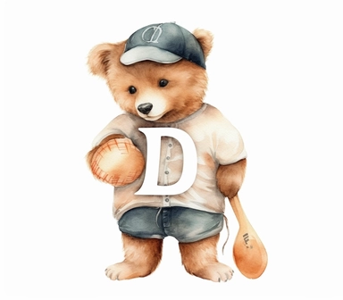 create watercolor clipart of letter D , cute animal in baseball costumes with baseball, incredibly high detail, 16k, gorgeous, white background