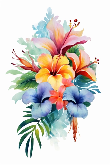large bunch of tropical flowers. Use a combination of vibrant colors and subtle variations in color to capture the freshness and vitality of the scene. Let the transparent and flowing nature of watercolors add a sense of lightness and movement to the painting, clipart, plain isolated white background, 8k ultra detail high sharpness