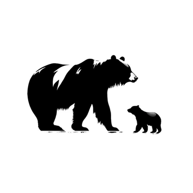 cute baby bear and hi mother walking side view clipart in contrast black and white in montessory style with white background