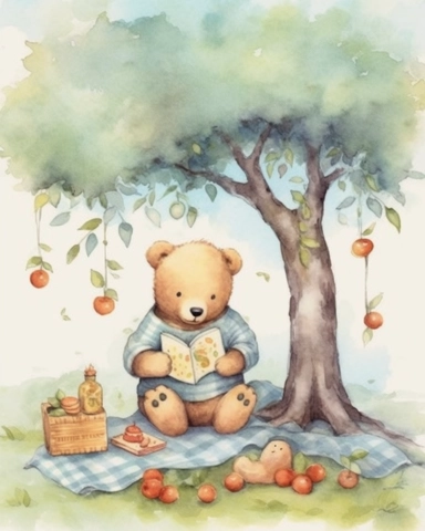watercolor cute happy teddybear having a picknick sitting on a plaid blanket under the tree. Lots of food on the blanket. Clipart, single design. Soft shades of light blue and beige. 8k