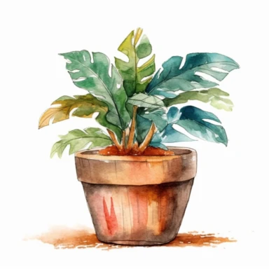 A cozy watercolor clipart image showcasing a charming house plant in a rustic pot. The plant's broad leaves, painted with soft brushstrokes and earthy tones, emanate a sense of warmth and comfort. The pot, with its weathered appearance and textured details, adds a touch of rustic charm to the composition. This inviting clipart is perfect for designs that seek to create a cozy and welcoming atmosphere, reminiscent of the comfort of a well-loved home. clipart