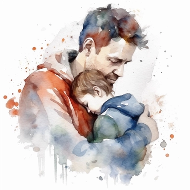 Image of a father and child cuddling or sharing a warm embrace, water color style, clipart, white background