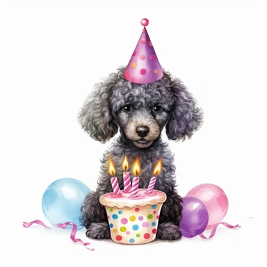 clip art, a poodle wearing a party hat and eating cake, birthday, isolated on a white background