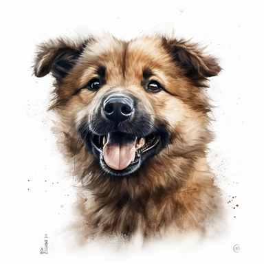 cute Tahltan Bear Dog dog portrait, full face, centered shot, side shot, dynamically posed, in action, playful mood, happy mood, playing mood, cute face, adorable smile, childlike eyes, clean watercolor illustration, white background, nursery baby imagery, painting, detailed, 8k, PNG, clipart,