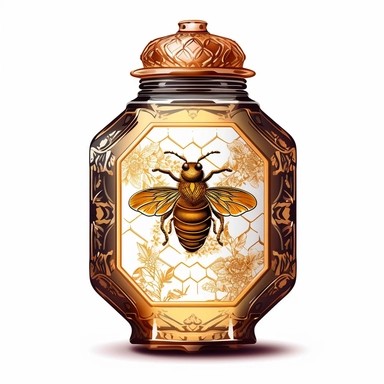 A honey jar with a golden label, adorned with intricate honeycomb patterns and floral motifs, exuding elegance and sophistication. (Digital drawing clipart, image black border color, full body, flat texture, transparent background)