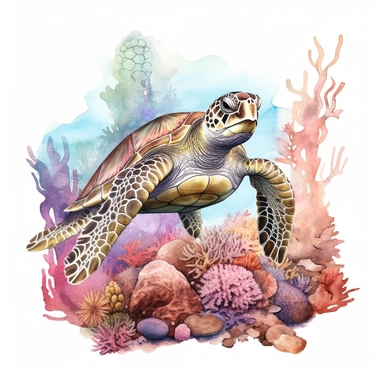 watercolor sea turtle next to coral reef clipart, creative and detailed, white background