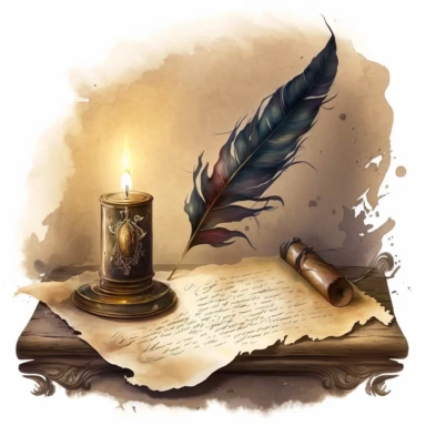 highly detailed and intricate watercolor of parchment unrolled on an antique wooden desk, under the glow of a flickering candle. The parchment is weathered and stained, inscribed with elegant, faded handwriting in an unknown script. A raven feather quill rests to the side of the parchment, and a dripped inkwell is nearby. Clipart, white background