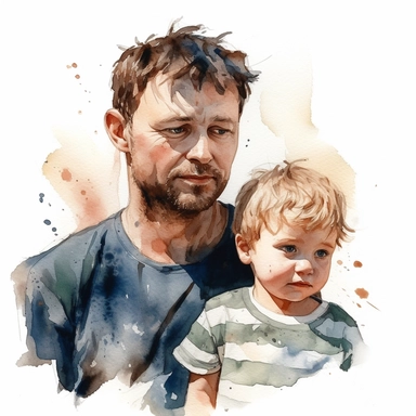 DESIGN A MAGNIFICENT AND EXQUISITE BREATHTAKING ONE-OF-A-KIND HIGH QUALITY HIGHLY DETAILED MASTERPIECE WATERCOLOR CLIPART ILLUSTRATION OF A small boy and a FATHER, in the style of realistic watercolors, free-associative, airbrush art, scoutcore, animated gifs, marine painter, realist-portraits, ULTRA REALISTIC, PHOTO REALISM, WHITE BACKGROUND, NO FONT, NO TEXT, NO WORDS, NO WATERMARK