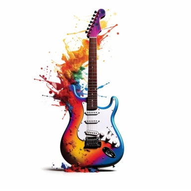 Against a white background, a clip art image showcases a highly detailed depiction of an electric guitar, adorned with vibrant and colorful elements. The guitar takes center stage, with its sleek body and strings meticulously rendered to capture its essence. The body of the guitar features a burst of vivid colors, blending seamlessly from one shade to another, exuding an electric energy. Music notes and symbols, portrayed in a variety of shapes and sizes, dance and swirl around the guitar, repre