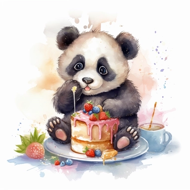 Create a watercolor illustration clipart of a playful cute Baby Panda Eating a delicious cake, with its full body visible. Use soft, flowing brushstrokes and a warm, inviting color palette to create an image that is both charming and whimsical. Incorporate intricate details like the motion of Baby Panda Eating a delicious cake to create a lifelike, realistic image. Can add other elements to the illustration like related item to play to create playful scene. Use white background to allow the wate