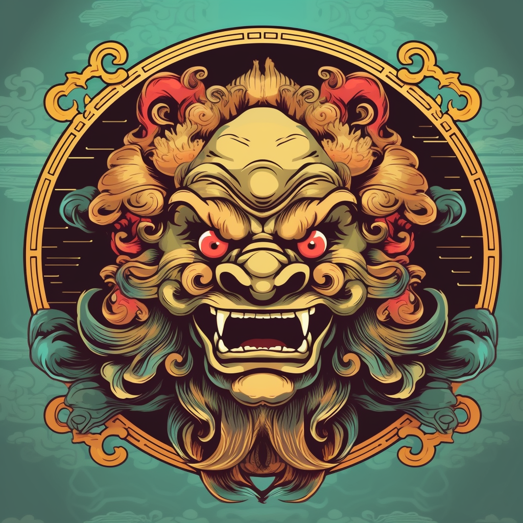 illustration, of, an, asian, lion, face, in, a, gold, background,, in ...