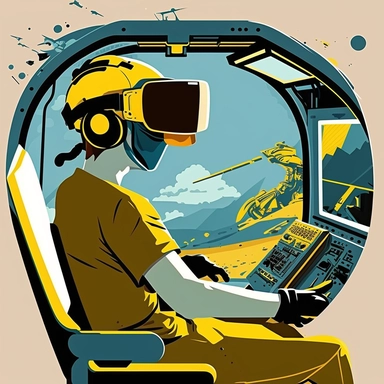 excavator cockpit, worker wearing vr headset, virtual reality hmd, poster, simplistic, abstract, vector, 2d illustration, clipart, few colors