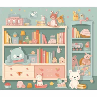 furniture, toys, books, images, flat vector clipart, nursery decor, small child, cute, children room deco