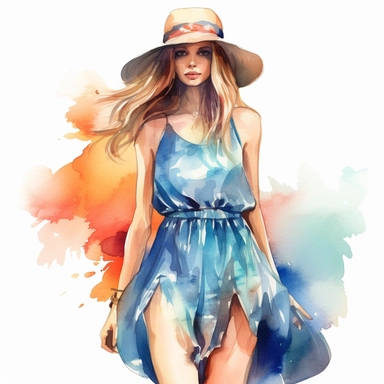 Fashion girl, watercolor, summer, clipart, full body, dress