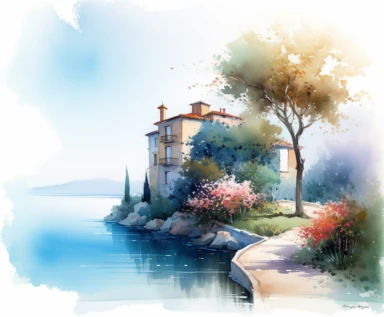 isolated on white illustration watercolor art of a elegant part of the sea embankment with small white houses and blooming trees with summer flowers, seaside, blue door, summer, Ionian architecture, masterpiece by Guido Borelli da Caluso style and by Vladimir Kush style and by Ivan Aivazovsky style, PNG clipart, isolated on white, extreme photorealistic details, 32k HD resolution, realistic high detailization high resolution