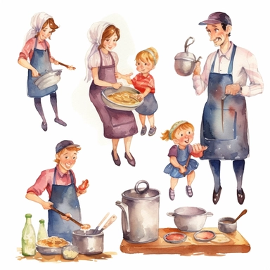 multiple poses characters of a family including dad, mom and kid. thay are enjoy cooking inthe kitchen , watercolor in medieval cartoon grunge style clipart on white background