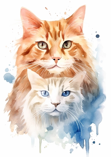 watercolor clipart cats, watercolour drawing, vector illustration, cat, dog, in the style of exquisite realism, white and amber, light red and azure, detailed character design, illustration, furry art, dutch realism