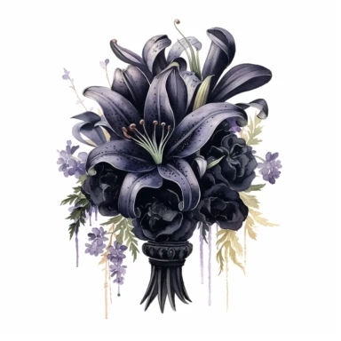 A bouquet of black lilies, symbolizing the mystery and elegance of the gothic style clipart, white background, watercolor drawing