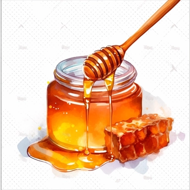 watercolor, A jar of golden honey with a honey dipper placed delicately on the side, showcasing the richness of the honey. (Digital drawing clipart, image black border color, full body, flat texture, transparent background)