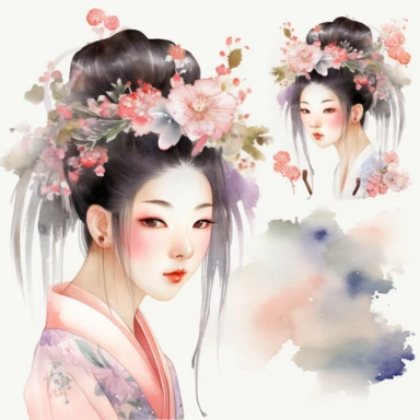 watercolour clipart of beautiful Japanese Geisha Watercolor Clipart Bundle, hair tucked behind pointy ears, detailed character illustrations, fantasy illustration, close - up, multilayered realism, goblincore, delicate flowers, forest greenery, enchanted, pretty, majestic, magical, detailed, face only, UHD, 8K, 3D, solid white background