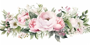 watercolor wedding bouquet and greeneries clipart for wedding invitation card, peonies, roses, tulips, corner border, leaves, pink and white, elegant, watercolor flowers decoration