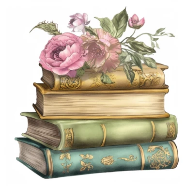 stacked books digital art, watercolor hand drawn clip art, coloured pencil, clip art, clipart, watercolor, clipart,, in the style of intricate, delicate flower and garden paintings, classical motifs and themes, light magenta and light green, embossed gold leaf, ferrania p30, adventure themed, english major