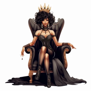 illustration Beautiful Black woman Magic Melanin Black Woman, Afro Fashion woman African American, wearing jewelry, designer, designer high heels, wearing queen crown sitting on the queen throne, clipart,white background