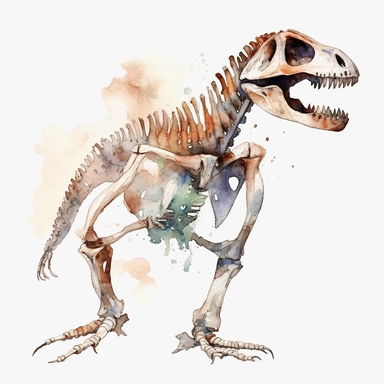 Watercolor dinosaur skeleton clipart, white isolated background, space out, hd