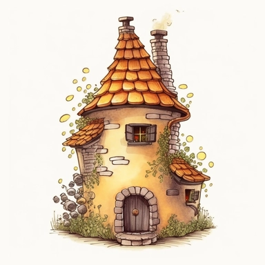 A whimsical drawing of a beehive shaped like a charming cottage, with bees flying in and out through the front door and the chimney. (Digital drawing clipart, image black border color, full body, flat texture, transparent background)