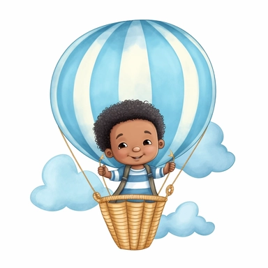 a dark-skinned baby boy newborn in a hot air balloon, infant boy smiling, afro, light blue, baby blue colors, watercolor clipart illustration