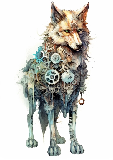 Steampunk Gray wolf clipart, realistic, Watercolor Retro Futuristic Victorian Era, art picture, full body, watercolor, multicolor, white background, lots of details, high quality - 8K,