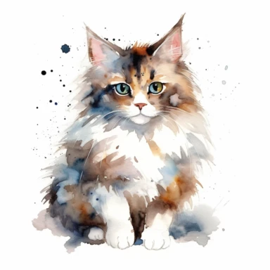 Playful watercolor cute norwegian forest cat clipart, isolated on white background, hd