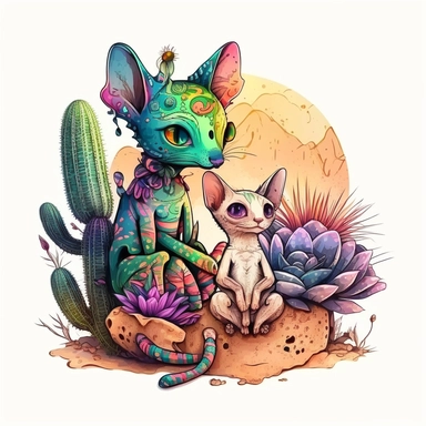 Illustration in boho style, clipart, sublimation drawing Alien mouse with a pet cat. Bright colorful colors. White empty background, high quality 8k, quality detail