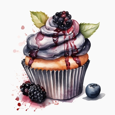 watercolor black berry cupcake clipart, hd