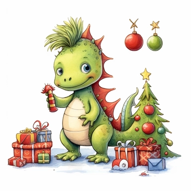Christmas tree with toys, cute funny avocado green dragon, red cardigan, snow, winter, style by Lusy Fleming, folk art, watercolor, clipart elements, smooth gradients, black contour outline, ultra detailed, white background, super clear, high quality