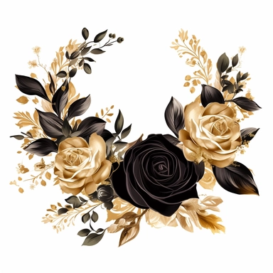 elegant vintage garland arrangement, black rose with gold leaves, clipart, on white background