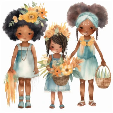 pretty African American children's nursery style water color clipart, cute kid, wearing boho style clothing realistic digital art, white background, s1000