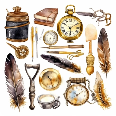 watercolour Collection of golden vintage accessories and antique objects. Old keys, clock, loupe, compass, ink feather pen, scissors, glasses isolated on white background. Clip art