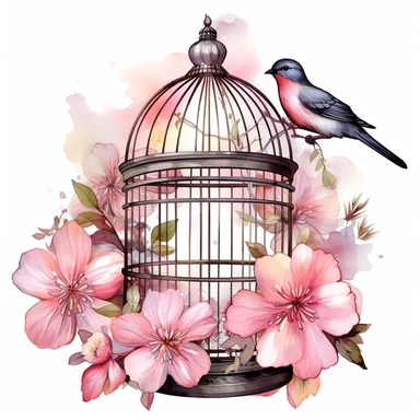 Pink flower bird cage illustration clipart, detailed, black outline, white background, 4k, watercolor, digital art