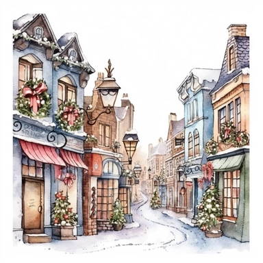 Christmas street, Ornamental watercolor, clipart, I can't believe how beautiful this is , style by Lucy Fleming, watercolor, smooth gradients, black contour outline, ultra detailed, clipart elements, delicate pastel colors, solid white background, super clear, high quality