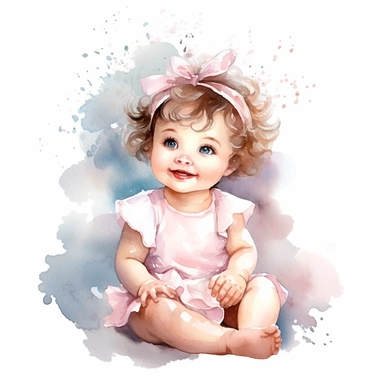 delightful watercolor image, full body cute newborn baby angel girl on white background, she is sitting on a cloud in pink dress and smiling gently. She has sparkling blue eyes twinkled with wonder and brown curls on her head, professional watercolor clipart, high resolution