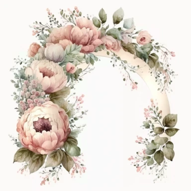 rounded horseshoe arch of peonys. clipart. watercolor. dusty pink pastel tones. white background