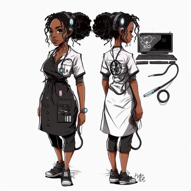 Black African Nurse girl, black hair, pun hair style style, Clip art, hand drawn, cartoon, concept art, full body, back shoes, ar 2:3, white background, stethoscope around neck