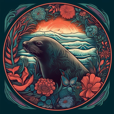 The camera focuses on the beautiful coral reef teeming with colorful fish and swaying plants, creating a stunning backdrop for the graceful movements of a Hawaiian Monk Seal. The seal is depicted in a sleek and simple silhouette style, with its distinctive shape and features captured in bold lines and curves. The circle frame creates a sense of focus and completion, drawing the eye towards the central image of the seal swimming among the vibrant reef. The use of a silhouette style adds a touch o