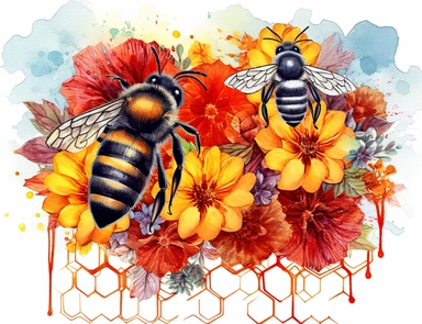 summer illustration of bees and honey combs and flowers, in watercolor styles, bright colors, white background Sublimation Clipart, hyper realistic, intricate detail, illustration style, high solution, on the white background