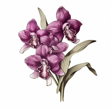 Visualize an intricately hand-drawn orchid clipart. This botanical illustration features a striking, elegant orchid, known for its exotic beauty and grace. The petals are meticulously drawn in a vivid purple tone, capturing the unique, symmetrical form that makes the orchid an emblem of refinement and sophistication. The central column of the orchid, a characteristic feature of the flower, is carefully detailed to highlight its unique anatomy. Supporting this blooming spectacle is a slender, arc